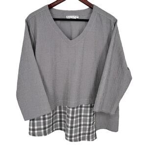 Habitat Sz Large Wearable Art to Wear Gray Artsy Blouse Shirt Top Unique Plaid